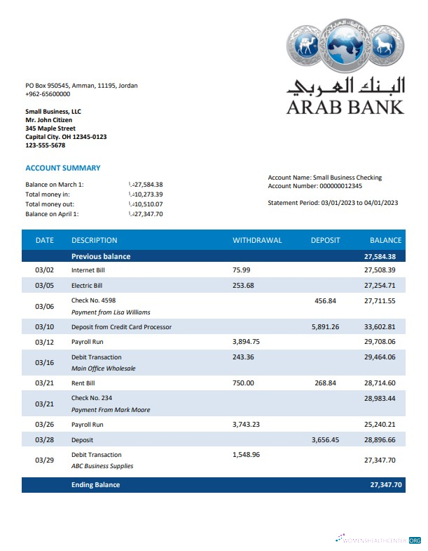 Download Arab Bank organization checking account statement Word and PDF template Photoshop template